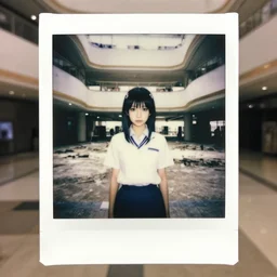 atmospheric polaroid photo of reimu hakurei at an abandoned mall