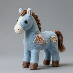 a beautiful realistic elegant felt plush horse in dusty blue with ornate detailed embroidered flower decoration