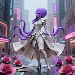 < https : / / s. mj. run / va 7 wnet - iik > rainy downtown city made out of newspaper and neon lights, beautiful anthropomorphic purple octopus woman wearing a flowing paper dress and posing, paper origami, many origami roses, city background, heavenly light, 3 d, very detailed, octane render, trending artstation, artgem