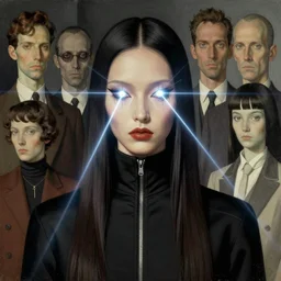 dark cyberpunk face of fashion model with lasers from the eyes by ayami kojima, by francis bacon, by amano, by karol bak, greg hildebrandt, by mark brooks, by alex grey, by zdzisław beksinski, by takato yamamoto, vintage style, high resolution, ultra detailed, wide shot symmetry portrait