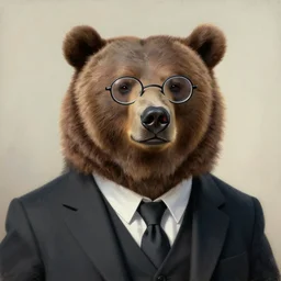 a candid portrait of a grizzly bear with glasses, wearing a suit, highly detailed, portrait painting, fairytale, fantasy, illustration by scott gustafson and art station