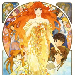 fantasy heroine, symmetrical, detailed, studio 4 c, makoto shinkai, yuya nagai, ilya kuvshinov, murata range, kawaii, vibrant bright colors, matte, japanese, beautiful, dreamy, alphonse mucha, jean giraud, high saturation, fantasy, 1 9 9 0 s