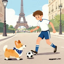 illustration of french boy on the streets of paris playing football against a corgi, the dog is wearing a polka dot scarf, comic, 1 9 6 2