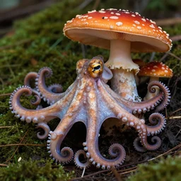 a beautiful nature photograph of a rare magic mushroom octopus with curling tentacles
