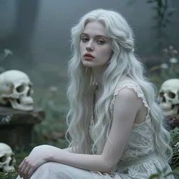 cinestill 5 0 d portrait of a dreamy beautiful goddess pf skulls britt marling 3 / 4 by roversi sitting in a misty garden, long hair, wearing lace, 3 5 mm lens, 8 k, elegant, highly detailed, pale mute matt, soft blur, artstation, sharp focus, head in focus