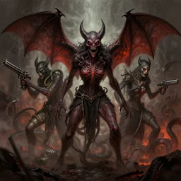 demon parasite, three bat headed, snake, battle in hell, resistance, guns, tumblr, digital art, concept art, fantasy, dungeons and dragons, horror, painted, terror, leesha hannigan, wayne haag, reyna rochin, ignacio fernandez rios, mark ryden, iris van herpen, best on artstation, best on cgsociety