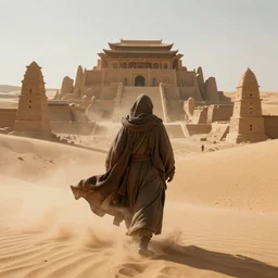 mysterious figure in striking cloak walking through sandstorm in desolate desert, buried city, global illumination, hyper - realistic, insanely detailed and intricate, cinematic 8 k