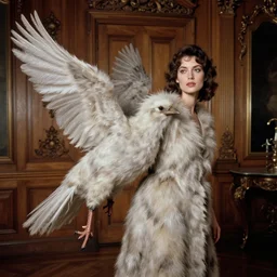 realistic photo portrait of the woman morphing into a bird, morphing into a woman, hairy fur fluffy feathers with sparkles, in the wooden and fancy expensive wooden room interior, neutral colors, 1 9 9 0, life magazine reportage photo