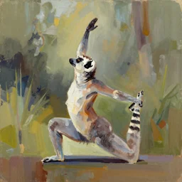a single abstract lemur doing an inspiring yoga pose, beautiful abstract background, kodak ektar, breathtaking digital painting