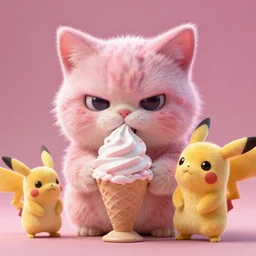 high quality 3 d render hyperrealist very cute pastel fluffy! grumpy nazgul cat hybrid eating giant ice cream full body, vray smooth, in the style of detective pikachu, hannah yata charlie immer, dramatic pink light, low angle, uhd 8 k, sharp focus