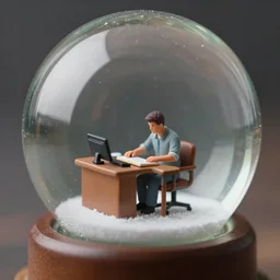a tiny realistic proportioned man sitting at his work desk inside a snow globe. sharp focus, photography, unreal engine, trending on artstation, photorealistic, octane, trending on deviantart, unreal engine