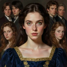 portrait of a queen with green eyes and freckles, dressed in a navy blue gown with gold embroidered details, dark brown hair, detailed face, fantasy, cinematic lighting, digital art painting, fine details by realistic shaded lighting poster by ilya kuvshinov katsuhiro otomo, magali villeneuve, artgerm, jeremy lipkin and michael garmash and rob rey
