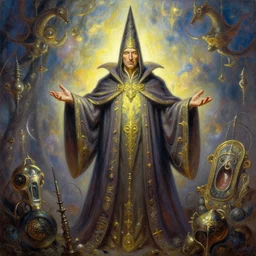 portrait oil painting, phil collins, wearing a wizard cloak, glowing, ultra realistic, wide angle, intricate details, artifacts, luminous skies, highly detailed, michael cheval, peter mohrbacher, boris vallejo, jessica rossier, oil painting, highly detailed, cinematic lighting