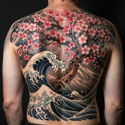 back tattoo of cherry blossom tree floating over a tidal wave, in japanese traditional art style