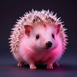 glowing pink hedgehog on dark background. studio photography, depth of field.