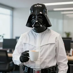 darth vader in an office wearing a white button - up shirt and holding a cup of coffee, realistic detailed high resolution photo