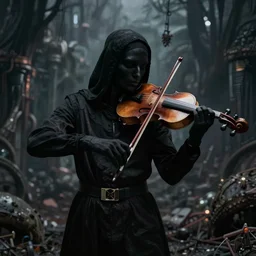 a skylly portrait of a mysterious being playing fiddle by beksinski, enclosed dark damp liminal post apocalyptic space, unreal engine, intricate details, ultra realism atmosph