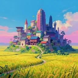 cyber punk village on top of rice fields by peter mohrbacher, vivid colors, matte painting, 8K, concept art, mystical color scheme, trending on artstation