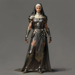 portrait of a full body of beautiful female nun warrior, d & d, fantasy, arcane, flat lighting, intricate, muscular, highly detailed, digital painting, artstation, concept art, smooth, sharp focus, illustration, art by simon bisley and greg rutkowski and alphonse mucha, natural tpose