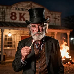 portrait photo still of a spooky kenny rogers holding a match, wearing a top hat, in front of an old country store on fire at night, 8 k, 8 5 mm f 1. 8