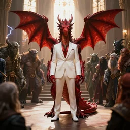 an elegant humanoid dragon in a white suit standing in the court of the crimson king, surrounded by a crowed of monsters like orcs trolls elf's dwarfs and more, sunlight through windows, natural lightning, photography, hyperrealistic, focused, cinematic, warm colors