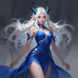 a highly detailed illustration of hot white haired demon girl with horns wearing blue dress, dramatic flashy seductive pose, perfect body, art by artgerm and greg rutowski and ilya kuvshinov, intricate, elegant, highly detailed, centered, digital painting, artstation, concept art, smooth, sharp focus, league of legends concept art, wlop