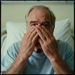 7 0 s movie still of a old man with trypophobia hands in the hospital, cinestill 8 0 0 t 3 5 mm eastmancolor, heavy grain, high quality, high detail