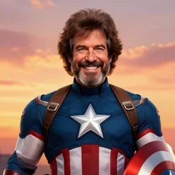 Bob Ross smiling as captain america, digital art, concept art, sunset sky in the background, symmetrical, highly detailed, high quality, concept art, Deviant Art