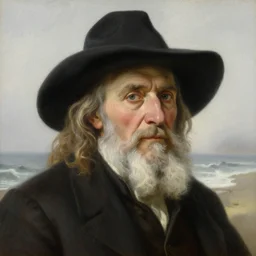 high detail high quality painting portrait of wise man with a large hat contemplating at the coast with fog by alyssa monks franz xaver winterhalter