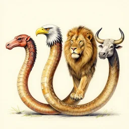 zmei gorynich with four heads. one human head, second eagle head, third lion head, fourth ox head. drawn by francis bacon