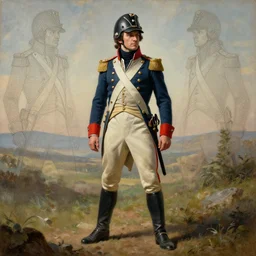 handmade full body character portrait of a french soldier in 1 7 9 5 at the french revolution in a thematic landscape in the style of artgerm and enki bilal and bastien lecouffe - deharme, wlop, line art, oil on canvas, full body anatomically correct, dynamic pose, cinematic lighting, hyperdetailed, 8 k realistic, symmetrical, global illumination, frostbite 3 engine, cryengine, dof, trending on artstation, digital art, channel