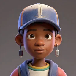 colourful caricature - 3 d vfx art - portrait of a nigerian boy wearing a baseball cap with wires and computer chips dangling from inside, art style by james jean & hsiao - ron cheng, character concept art, unreal engine render, digital illustration, claymation, sharp, intricate detail, volumetric light, ray tracing, soft light, symmetric, pinterest, artstation, behance,