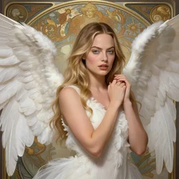 Margot Robbie as an Angel, cute, feathers, angel wings, fantasy, intricate, elegant, highly detailed, digital painting, 4k, HDR, concept art, smooth, sharp focus, illustration, art by artgerm and H R Giger and alphonse mucha