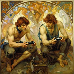 2 muscular attractive men playing video game, painting by gaston bussiere, craig mullins, greg rutkowski, alphonse mucha