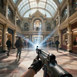 a first person shooter game trailer on a victorian shopping mall, cinematic lightning, ray tracing, unreal engine 5, photorealistic, first person point of view, fps game concept art, detailed, moody, foggy