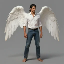 character concept portrait of a handsome male angel, South-asian ethnicity. Clean-shaven, hair in a ponytail. Shirt, jeans and barefoot. Distant full-body view. Digital painting, concept art, smooth, sharp focus, illustration, by Ruan Jia and Mandy Jurgens and Artgerm and William-Adolphe Bouguereau