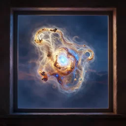 Photorealistic Hubble photo in window, octane render, HD, volumetric lighting, mist, twilight, high details
