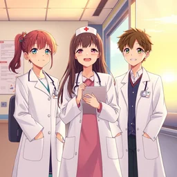 a poster of three cute young doctors wearing white coat, a nurse, cheering up, sunrise lighting, hospital ward, slice of life anime, cinematic, realistic, anime scenery by makoto shinkai