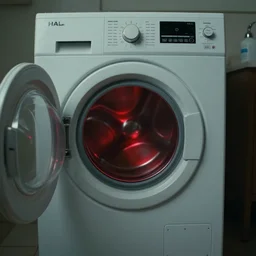 film still of HAL from 2001 A Space Odyssey as a washing machine with a red light inside
