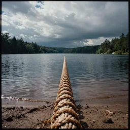 centered photograph of a single line of big brown \ long rope floating on the surface stretching out to the center of the lake, a dark lake sandy shore on a cloudy day, color film, trees in the background, hyper - detailed kodak color film photo, anamorphic lens