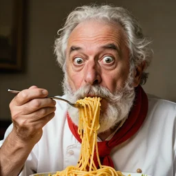 extremely detailed portrait of old italian cook, spaghetti mustache, slurping spaghetti, spaghetti in the nostrils, spaghetti hair, spaghetti beard, huge surprised eyes, shocked expression, scarf made from spaghetti, full frame, award winning photo by jimmy nelson