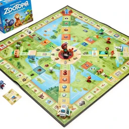 Zootopia, board game, designed by Reiner Knizia, game board, top-down view, 4K, detailed