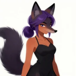 a woman with black fox ears, and a fox nose, she has purple hair tied up in to a ponytail, she has orange tanned skin, and is wearing a black dress. shaded artwork, furry art, fur - affinity, deviant art