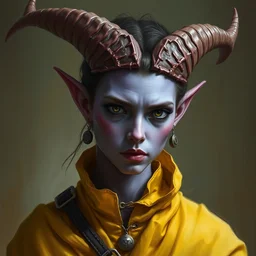 a shy purple skin horned tiefling woman, with yellow clothes, gentle portrait by dave dorman and christophe young