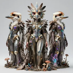 3 d goddess wide angle portrait with feathers, fur, and bones. beautiful intricately detailed avante garde kookaburra mask and retrowave sorceress outfit. lizard, reflective chitin, optical mineralogy, mycelium, mushrooms, plasma, creature, artwork by tooth wu and android jones wlop and android jones and beeple and greg rutkowski