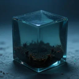 interior of a small glass cube at the bottom of the ocean, extremely dark!!!, creepy,