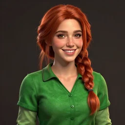 an insanely detailed realistic depiction of smiling beautiful leah from stardew valley, green shirt, auburn hair, french braid, in the style of peter mohrbacher, artgerm, dramatic lighting and composition, octane render, trending on artstation, concept art 8 k