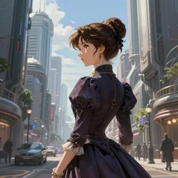 portrait of a victorian lady in a futuristic city, from behind, streets, beautiful, sci-fi, open sky, tall buildings, highly detailed, digital painting by Akira Toriyama