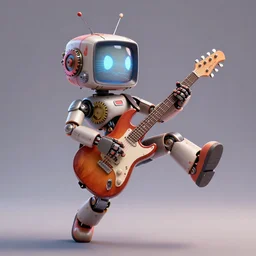 a cool mechanic robot chick, with a tv head and gears and bolts everywhere on its body, doing karate moves in the air and swinging an electric guitar, 3 d render by pixar and disney,