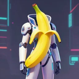 a banana in a futuristic suit, cyberpunk art by adam manyoki, cgsociety, funk art, sci - fi, synthwave, ilya kuvshinov